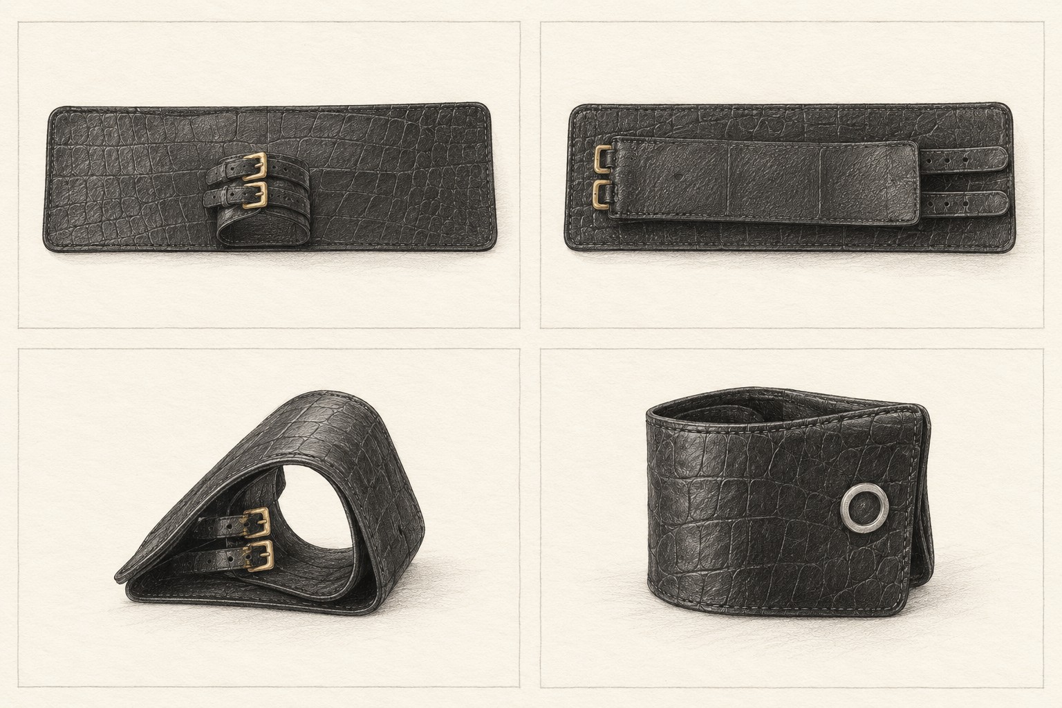 Four pencil studies based on VALEUR construction photographs: open leather panel with two buckles, inner band, side profile of the fold, and finished cuff with circular cufflink