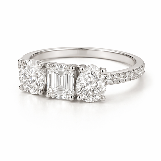 The Triptych — Round, Emerald & Pear Three-Stone Ring