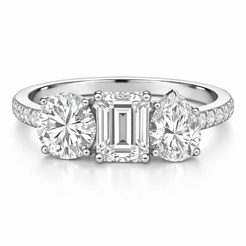 خاتم خطوبة بثلاثة أحجار مستديرة، زمرد وكمثرى